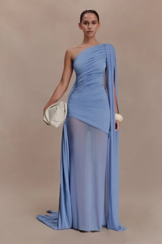 Vestido largo asimétrico de un solo hombro Asher – Azul aciano