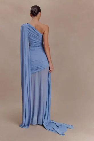 Vestido largo asimétrico de un solo hombro Asher – Azul aciano
