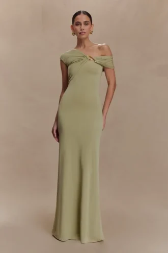 Vestido largo asimétrico y ceñido Ashford – Salvia