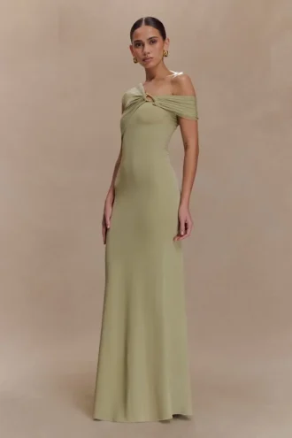Vestido largo asimétrico y ceñido Ashford – Salvia