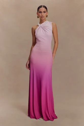 Vestido largo asimétrico y ceñido Marlee – Rosa degradado
