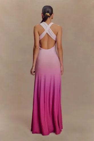 Vestido largo asimétrico y ceñido Marlee – Rosa degradado