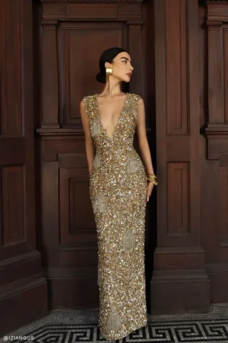 Vestido largo Astor con adornos hechos a mano – Dorado