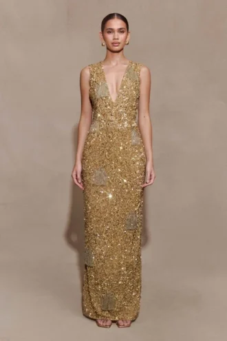 Vestido largo Astor con adornos hechos a mano – Dorado