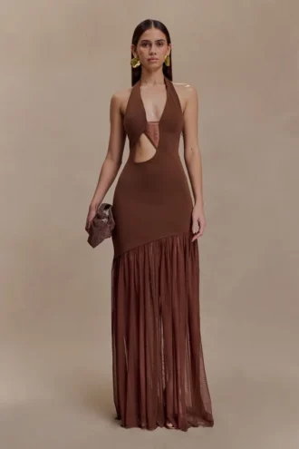 Vestido largo Aubree de crepé y malla – Chocolate/Moca