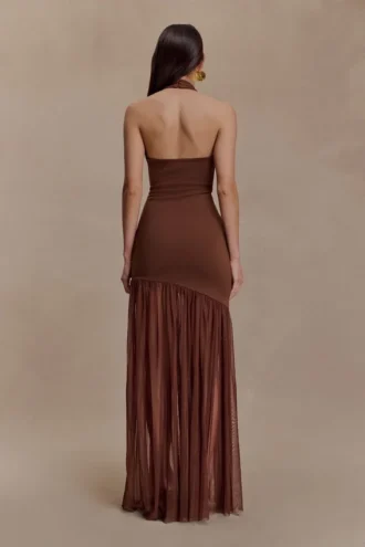 Vestido largo Aubree de crepé y malla – Chocolate/Moca