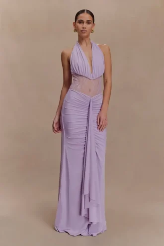 Vestido largo Bonnie de gasa y encaje – Lila