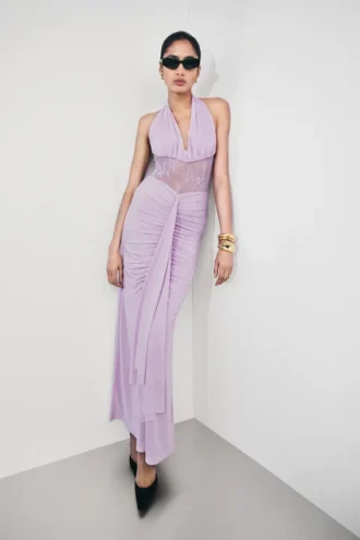 Vestido largo Bonnie de gasa y encaje – Lila