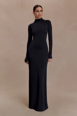Vestido largo con aberturas Kiyah Slinky – Negro