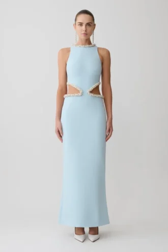 Vestido largo con aberturas y adornos Nicole – Azul pálido