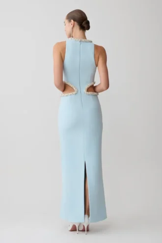 Vestido largo con aberturas y adornos Nicole – Azul pálido