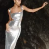 Vestido largo con aberturas y lentejuelas Adoria – Plata