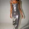 Vestido largo con aberturas y lentejuelas Adoria – Plata