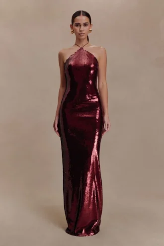 Vestido largo con aberturas y lentejuelas Baldwin – Caoba