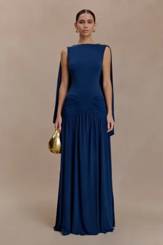 Vestido largo con capa de jersey Emory – Azul marino