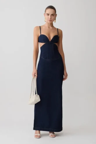 Vestido largo con copas de Denim Amila – Azul índigo