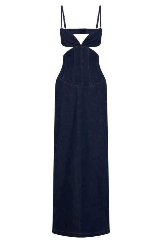 Vestido largo con copas de Denim Amila – Azul índigo Vestido largo con copas de Denim Amila – Azul índigo