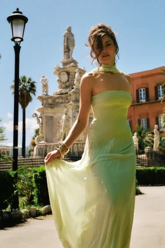 Vestido largo con pañuelo de gasa Caira – Salvia