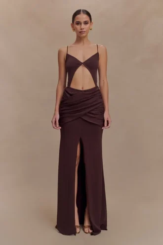 Vestido largo cruzado de punto Reama – Chocolate