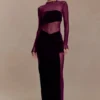 Vestido largo Davina de terciopelo y malla – Morado