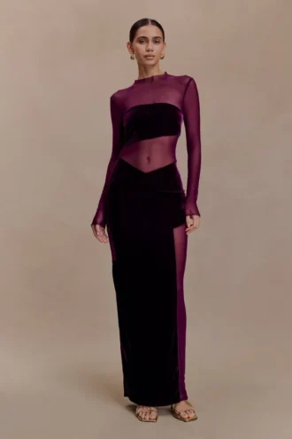 vestido largo davina de terciopelo y malla morado 1 330x495 - Vestido largo Davina de terciopelo y malla - Morado