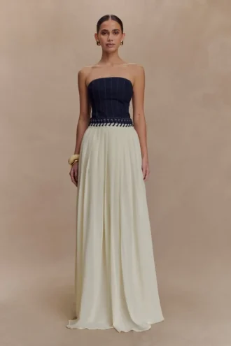Vestido largo de gasa y Denim Suella – Azul índigo