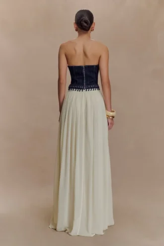Vestido largo de gasa y Denim Suella – Azul índigo