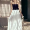 Vestido largo de gasa y Denim Suella – Azul índigo