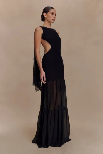Vestido largo de gasa y punto Haille – Negro