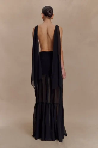 Vestido largo de gasa y punto Haille – Negro