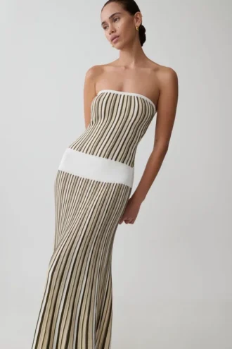 Vestido largo de punto a rayas Joyce – Caqui/Marfil