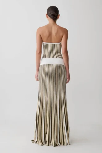 Vestido largo de punto a rayas Joyce – Caqui/Marfil