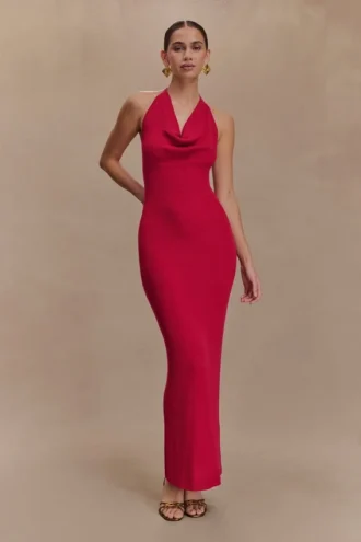 Vestido largo de punto con cuello cowl Ayella – Frambuesa