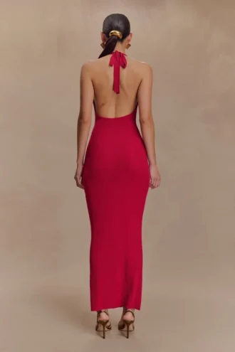 Vestido largo de punto con cuello cowl Ayella – Frambuesa