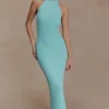 Vestido largo de punto con cuello halter Melodie – Azul cian