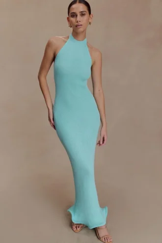 Vestido largo de punto con cuello halter Melodie – Azul cian