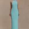 Vestido largo de punto con cuello halter Melodie – Azul cian