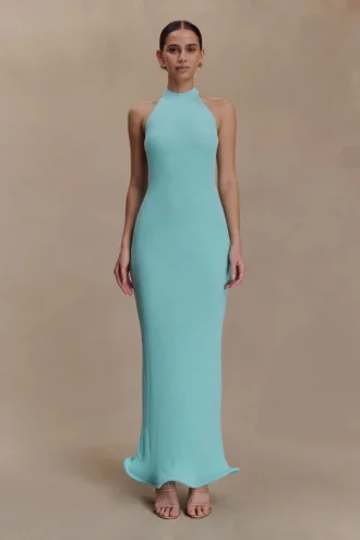 Vestido largo de punto con cuello halter Melodie – Azul cian