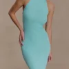 Vestido largo de punto con cuello halter Melodie – Azul cian