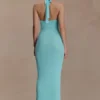 Vestido largo de punto con cuello halter Melodie – Azul cian