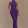 Vestido largo de punto con cuello halter Melodie – Morado Vestido largo de punto con cuello halter Melodie – Morado