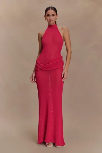 Vestido largo de punto con cuello halter Reece – Dragonfruit