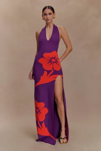 Vestido largo de punto con cuello halter Stacy – Morado/Rojo