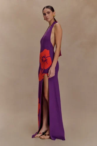Vestido largo de punto con cuello halter Stacy – Morado/Rojo