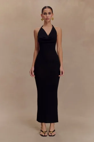 Vestido largo de punto con cuello vuelto Ayella – Negro
