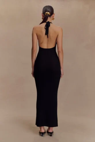Vestido largo de punto con cuello vuelto Ayella – Negro