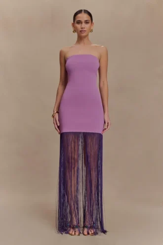 Vestido largo de punto con flecos Koah – Morado