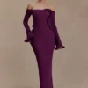 Vestido largo de punto con hombros descubiertos Sandrine – Ciruela Vestido largo de punto con hombros descubiertos Sandrine – Ciruela