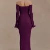 Vestido largo de punto con hombros descubiertos Sandrine – Ciruela Vestido largo de punto con hombros descubiertos Sandrine – Ciruela