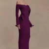 Vestido largo de punto con hombros descubiertos Sandrine – Ciruela Vestido largo de punto con hombros descubiertos Sandrine – Ciruela